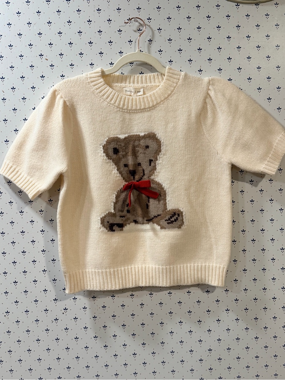 Entro Cream Teddy Bear Intarsia Knit Short Sleeve Sweater - Large NWT